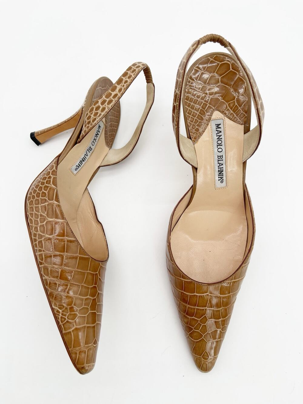 Manolo Blahnik Vintage Carolyne Tan Alligator Slingback Pointed Toe Heels IT 39